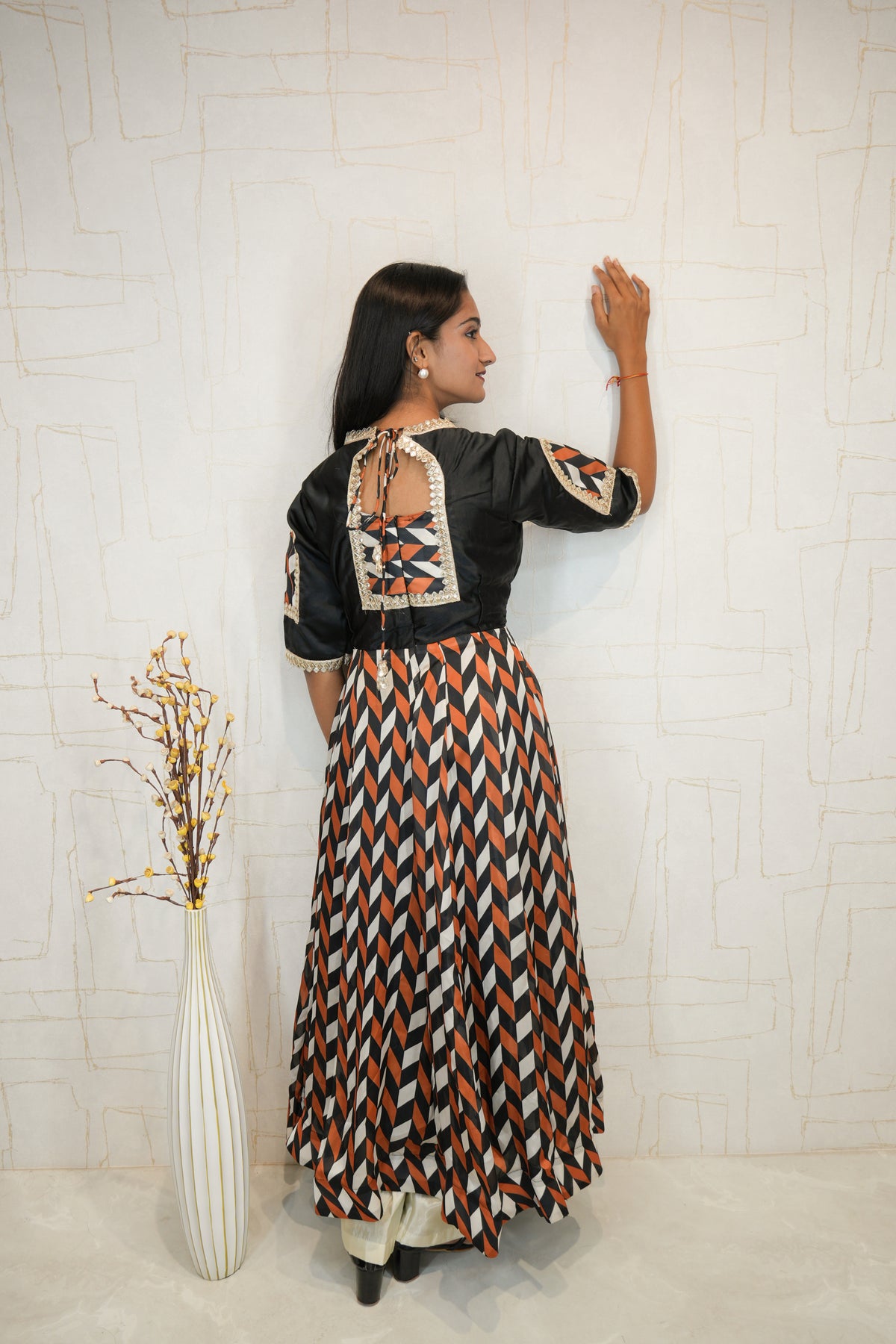 Traditional Geometric-Print Gown with Embroidered Neckline