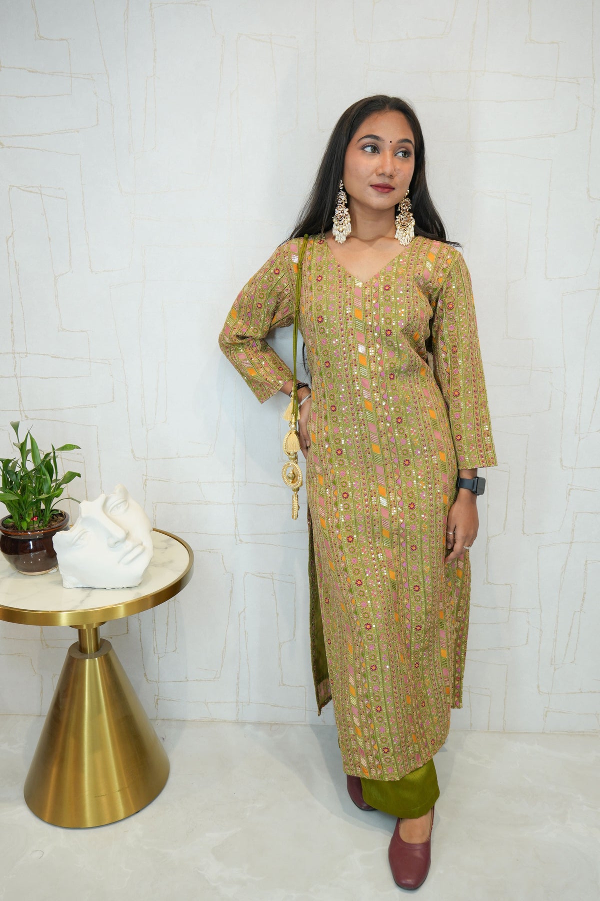 Olive Green Ethnic Kurti-Pant Set