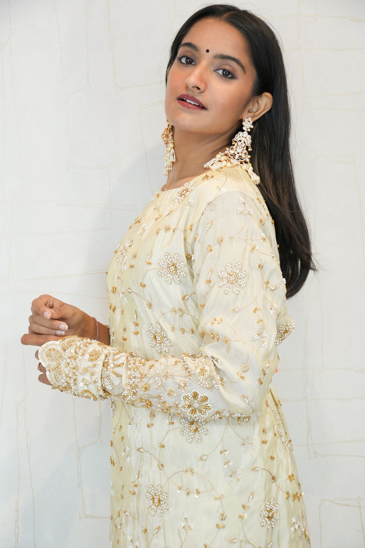 Cream and Gold Embroidered Ethnic Kurti