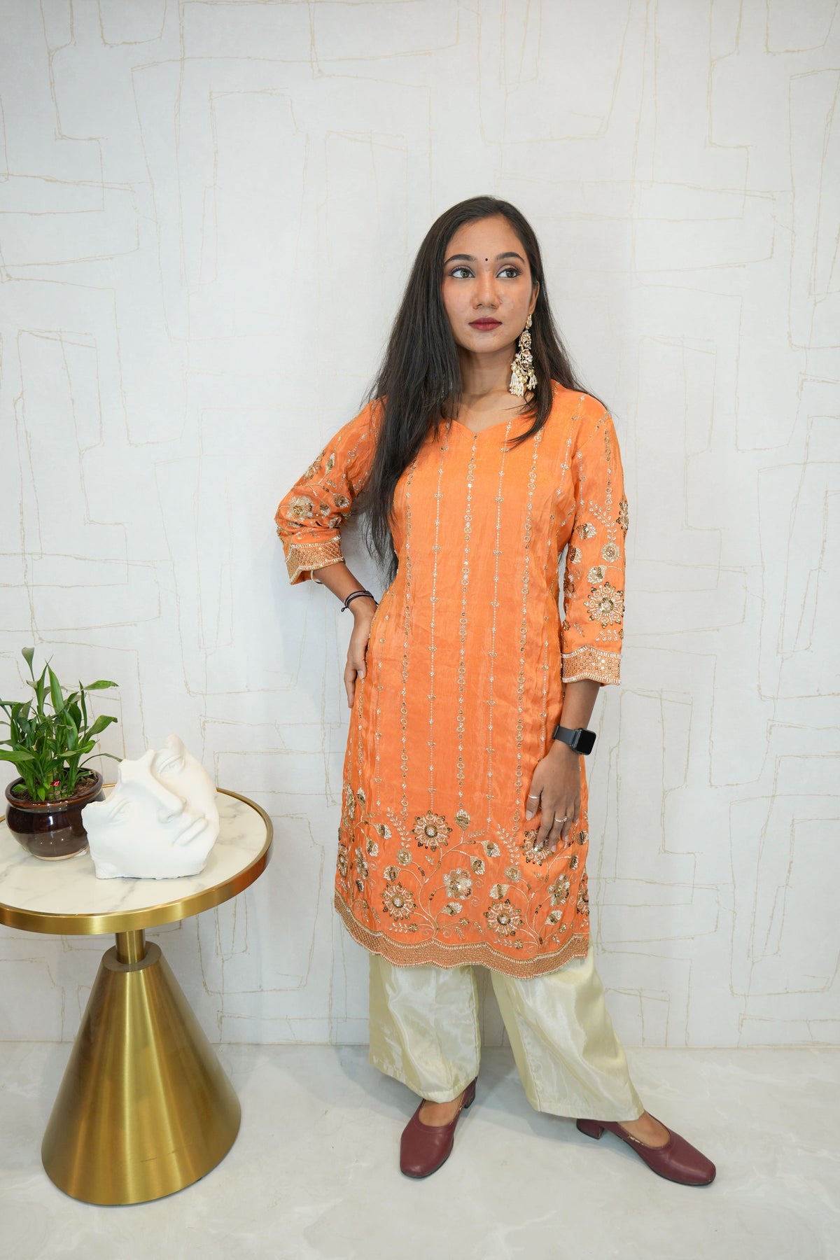 Orange Embroidered Ethnic Kurti