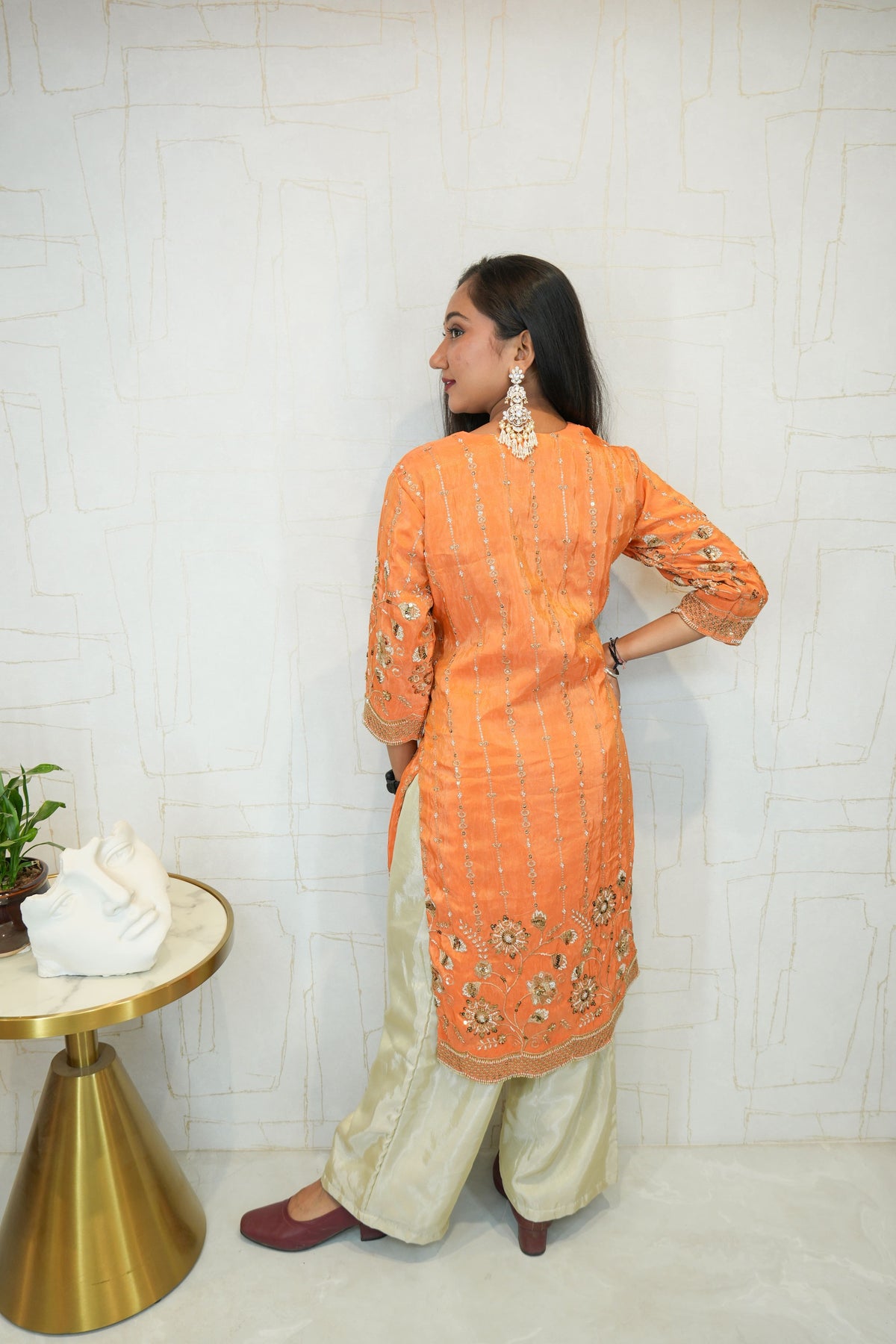 Orange Embroidered Ethnic Kurti