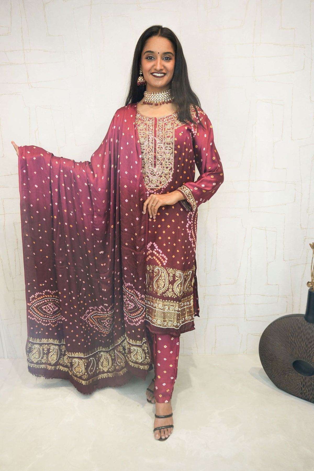 Maroon Handcrafted Luxurious Bandhani Suit Set