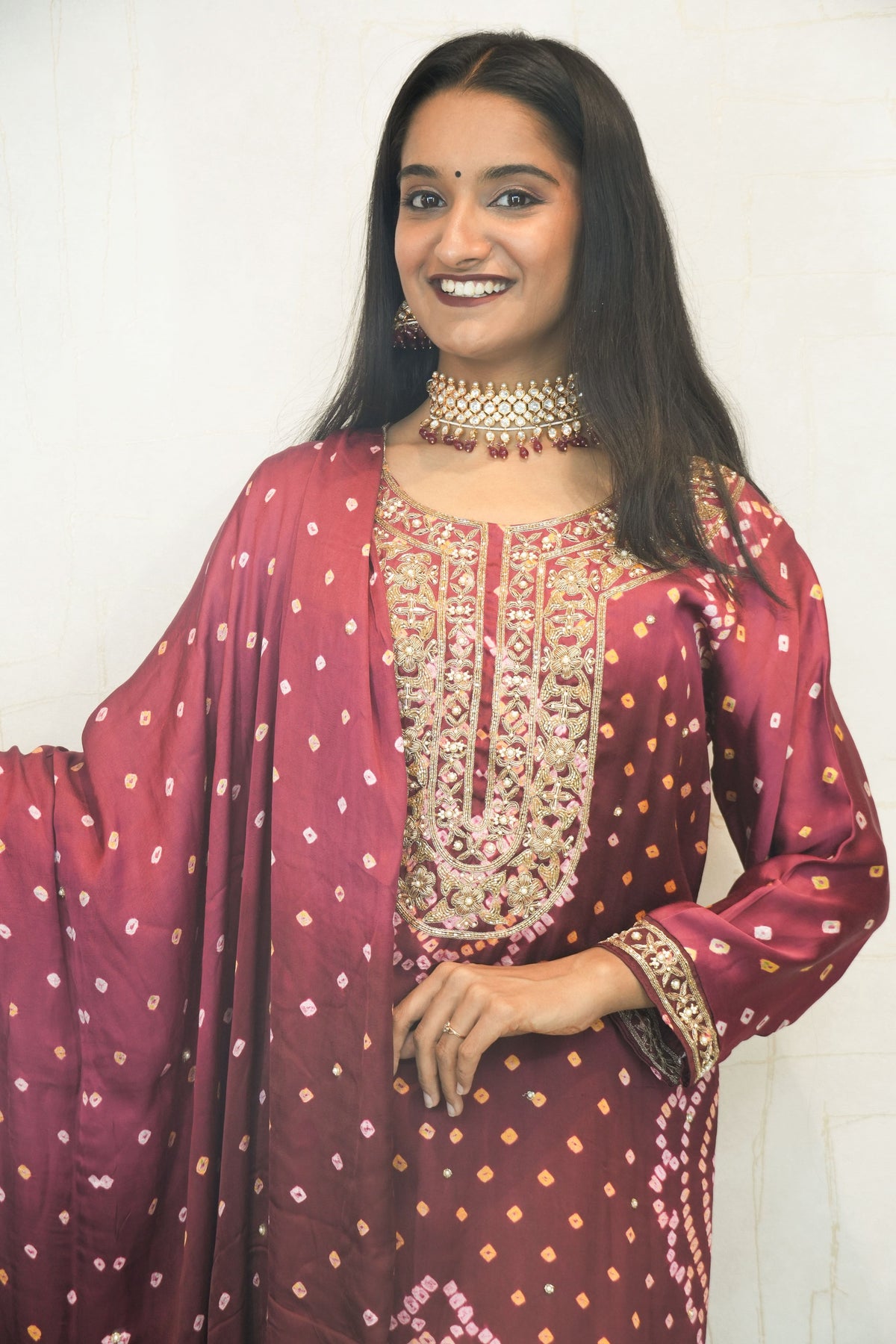 Maroon Handcrafted Luxurious Bandhani Suit Set