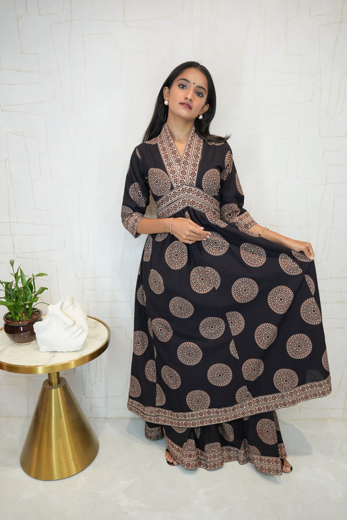 Cotton Linen Stitched Anarkali Gown(Black)