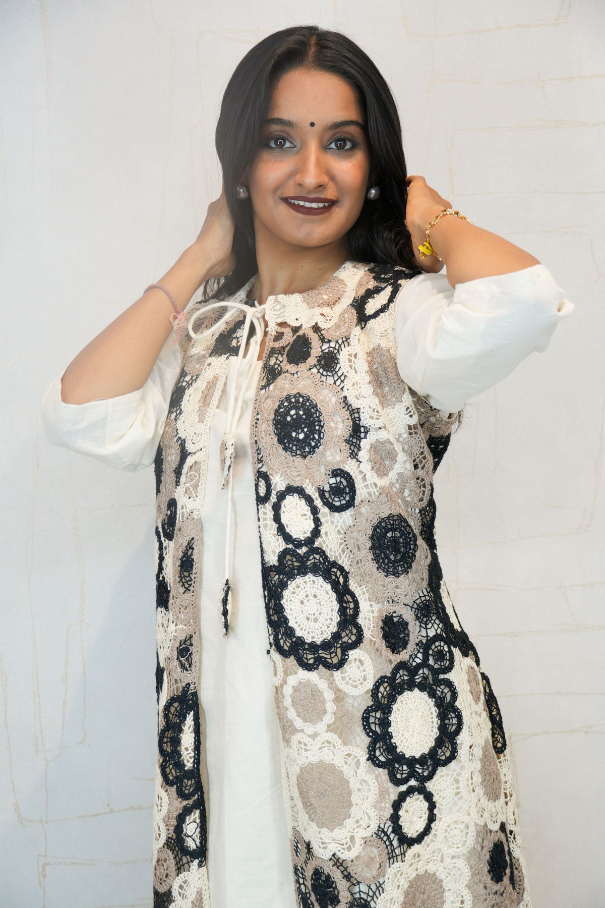 Embroidered Lace Long Shrug with Kurta and Pants (3-Piece)