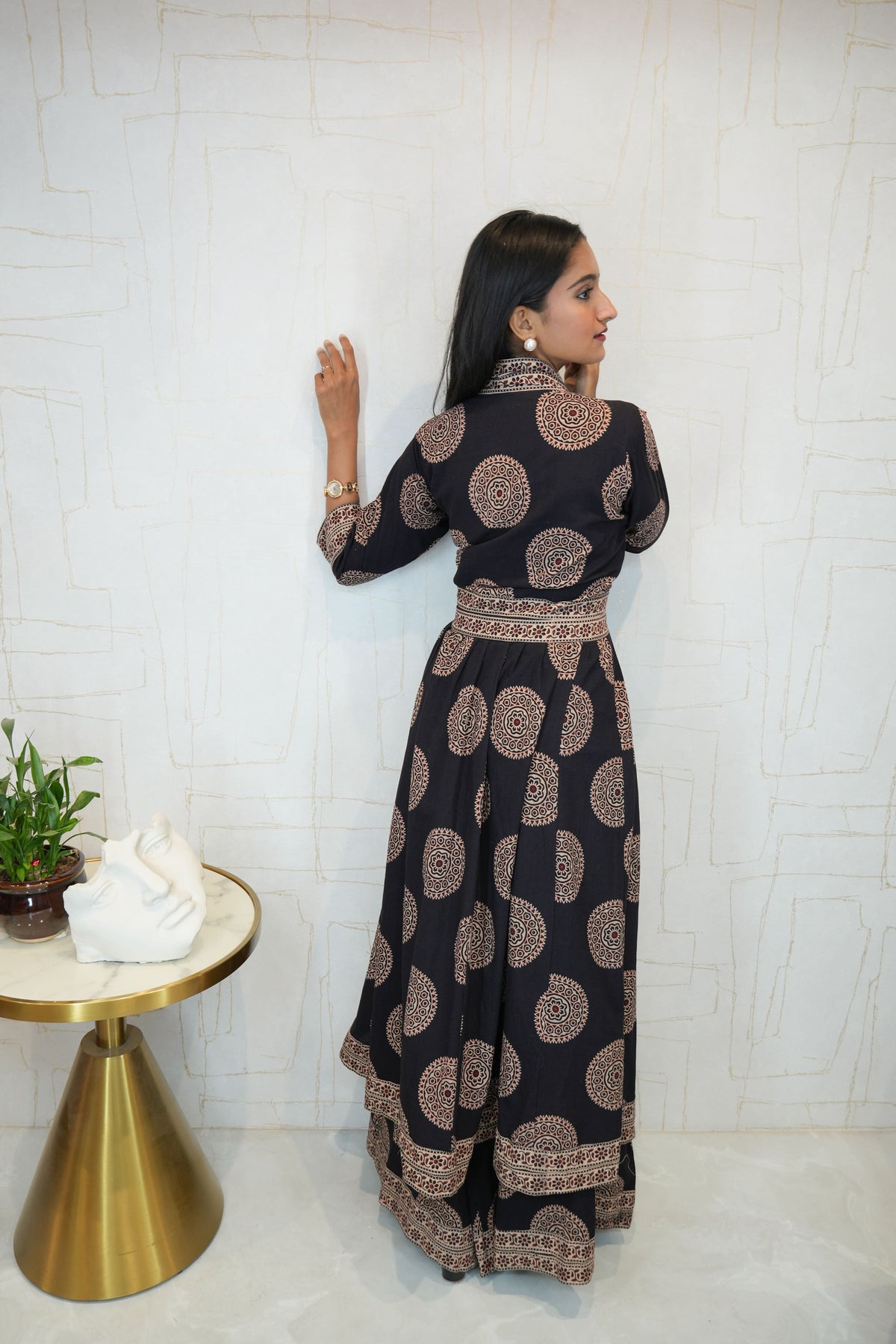 Cotton Linen Stitched Anarkali Gown(Black)