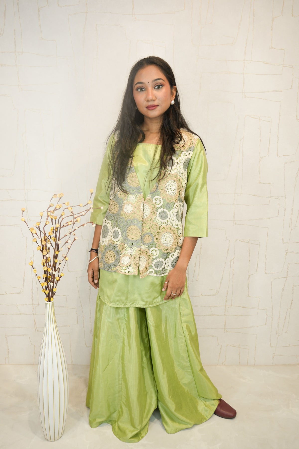 Pastel Green 3-Piece Sharara Set with Crochet Lace Overlay