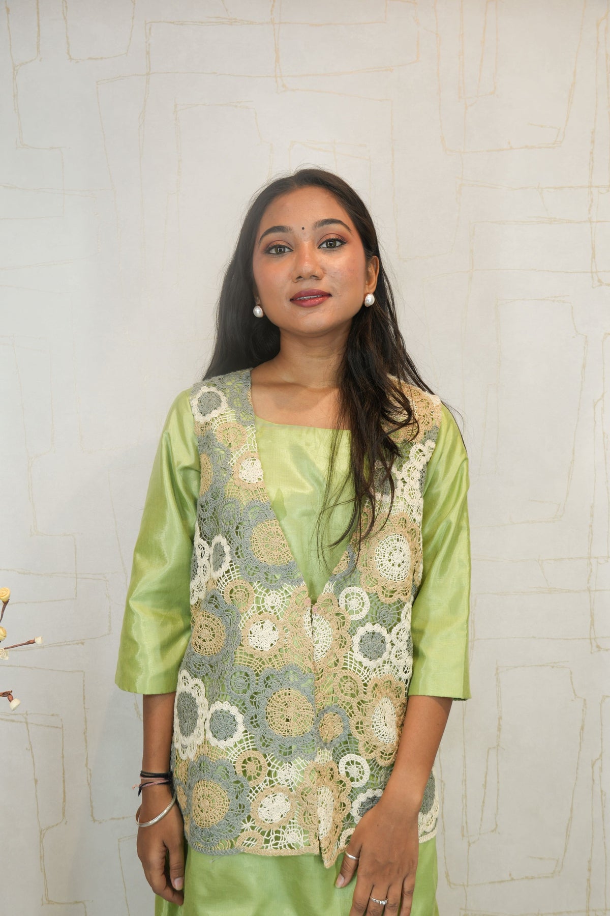 Pastel Green 3-Piece Sharara Set with Crochet Lace Overlay