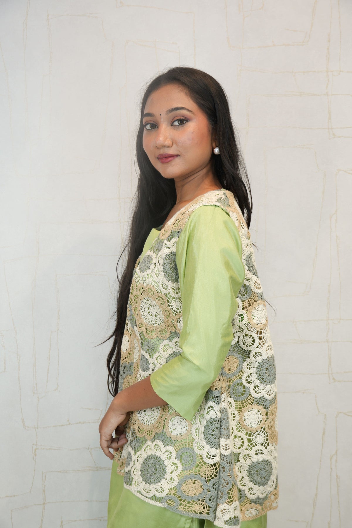 Pastel Green 3-Piece Sharara Set with Crochet Lace Overlay