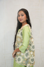 Pastel Green 3-Piece Sharara Set with Crochet Lace Overlay