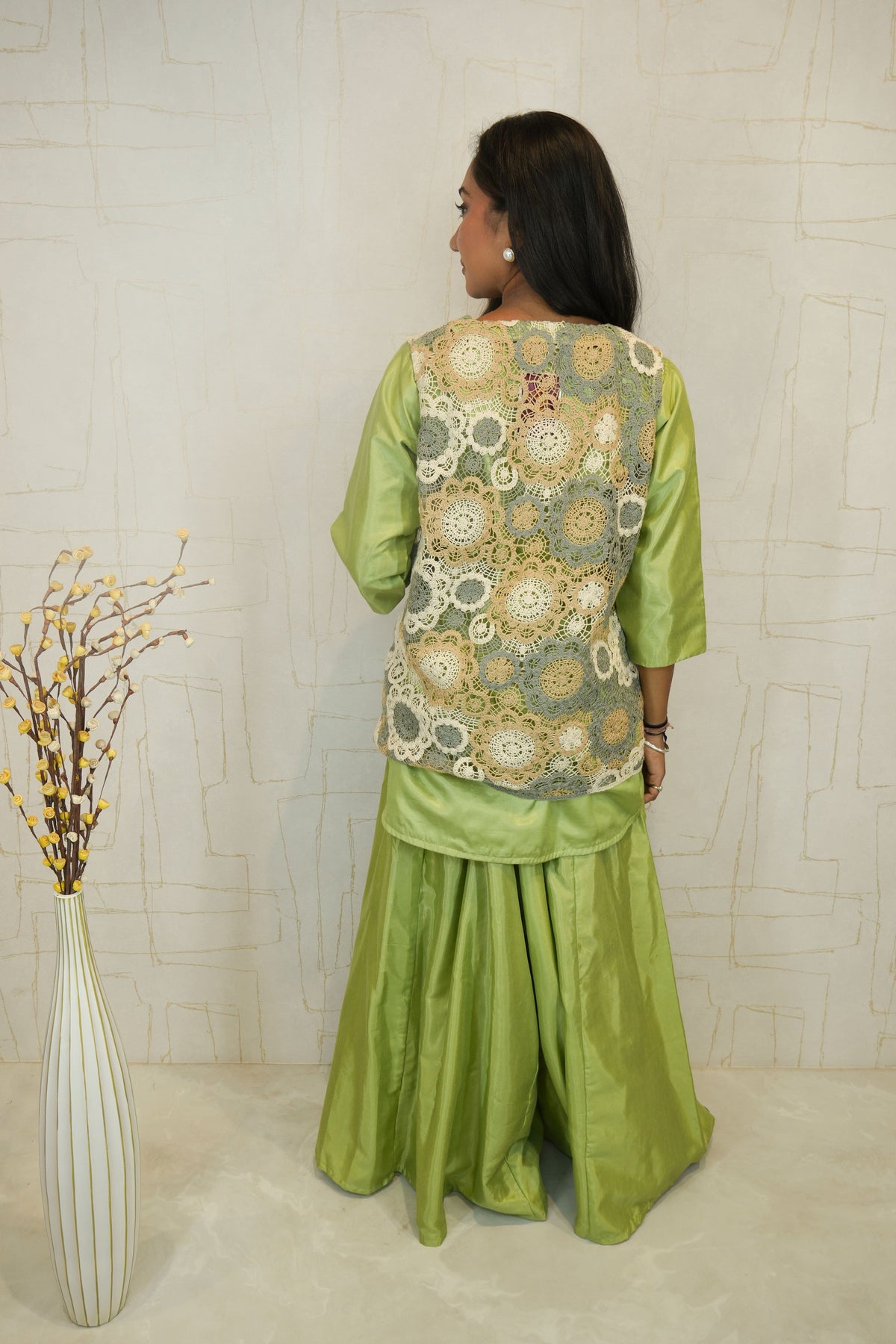Pastel Green 3-Piece Sharara Set with Crochet Lace Overlay