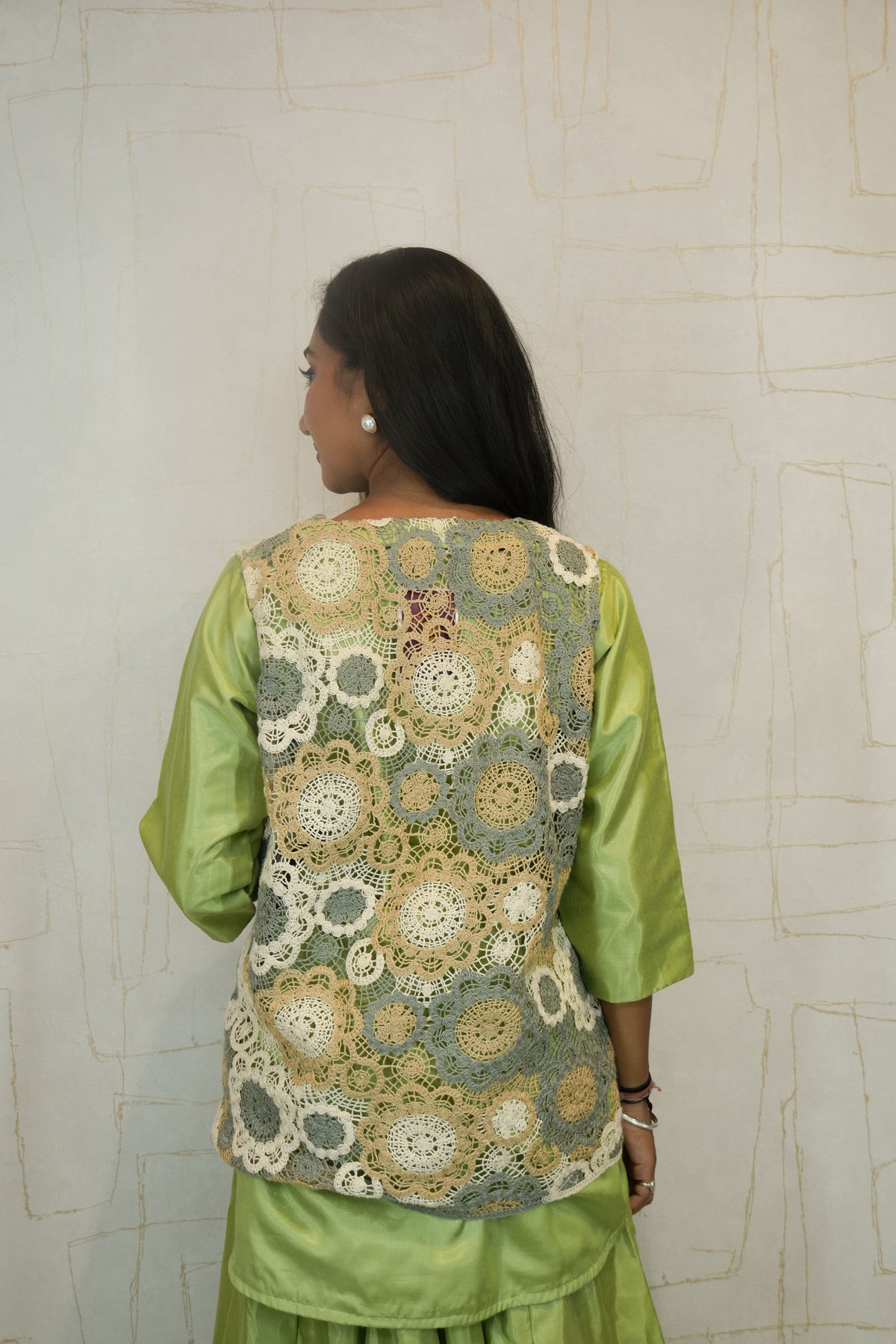 Pastel Green 3-Piece Sharara Set with Crochet Lace Overlay