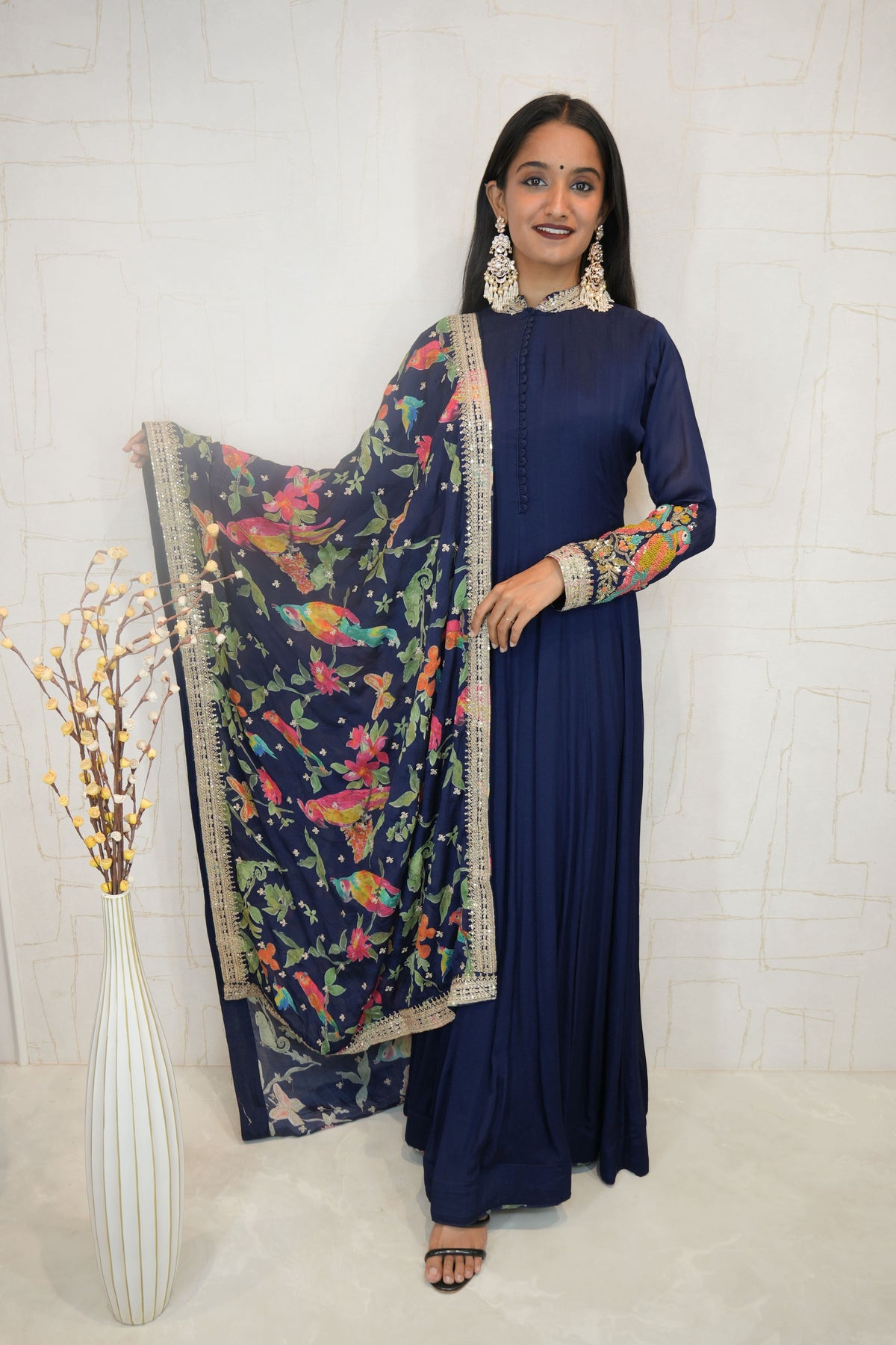 Parrot Embroidered Anarkali Suit with Dupatta