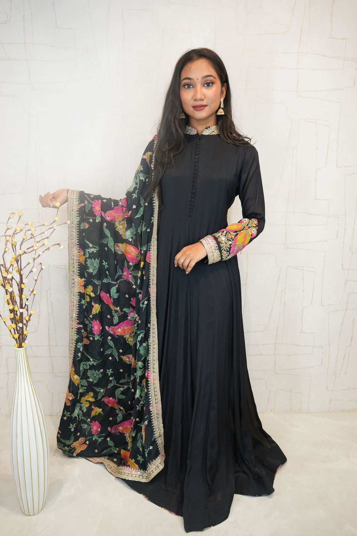 Parrot Embroidered Anarkali Suit with Dupatta