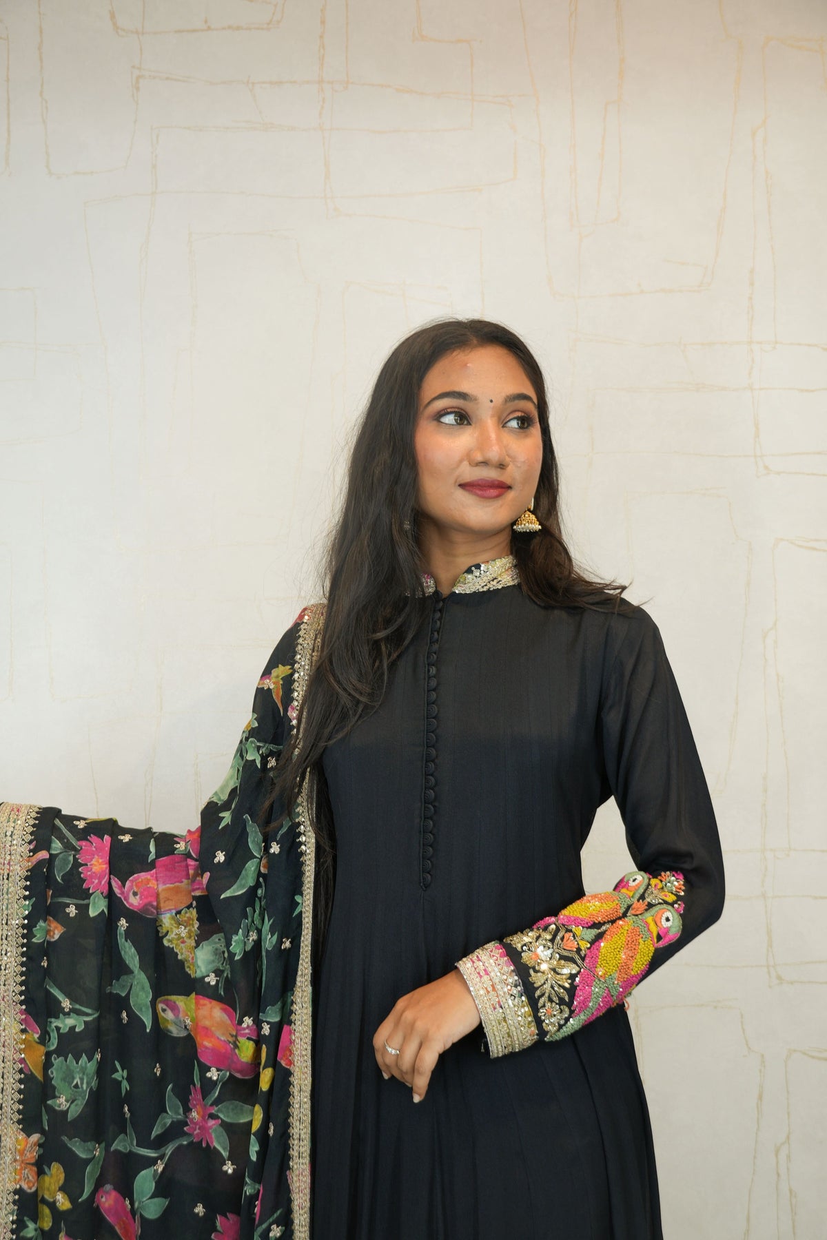 Parrot Embroidered Anarkali Suit with Dupatta