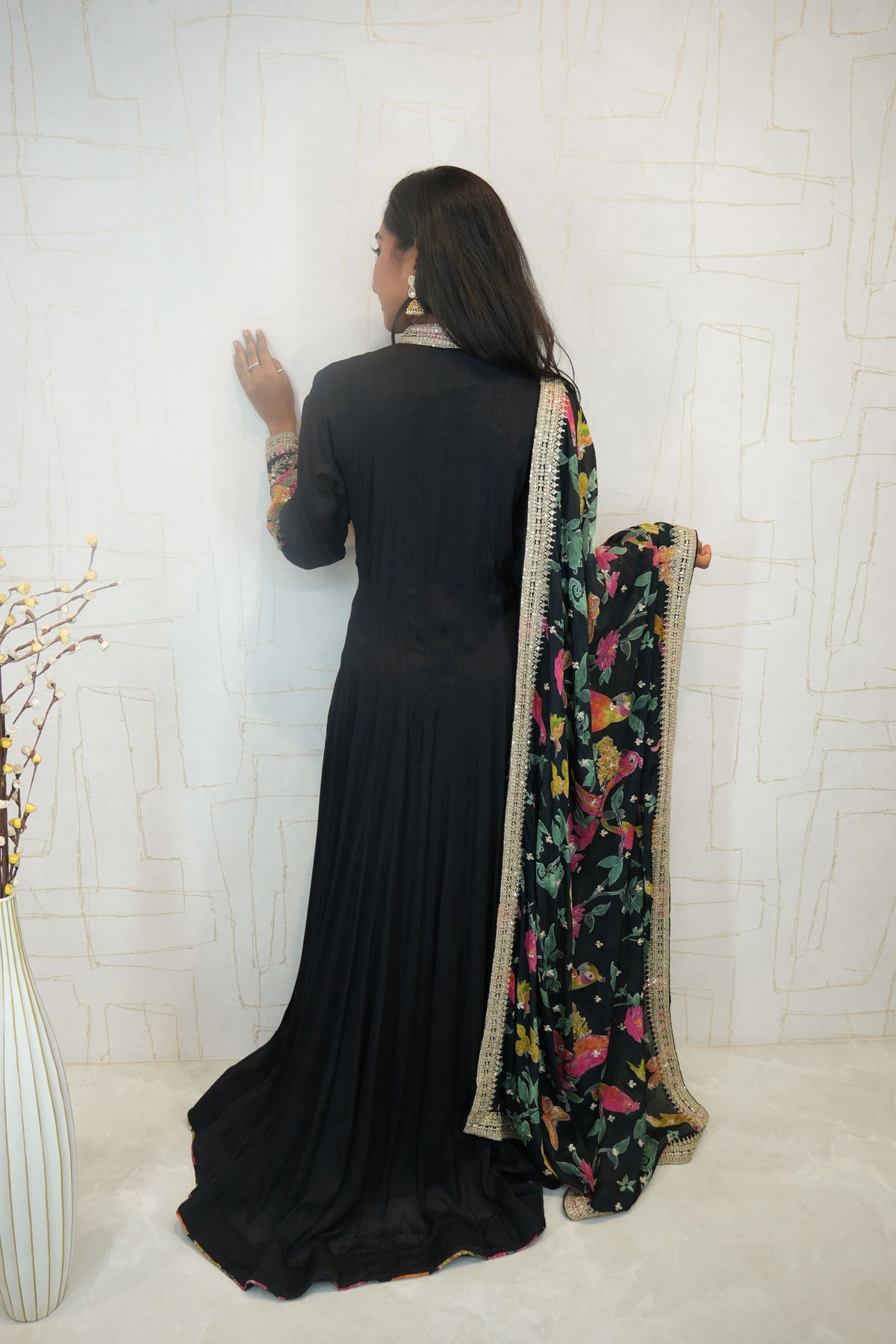 Parrot Embroidered Anarkali Suit with Dupatta