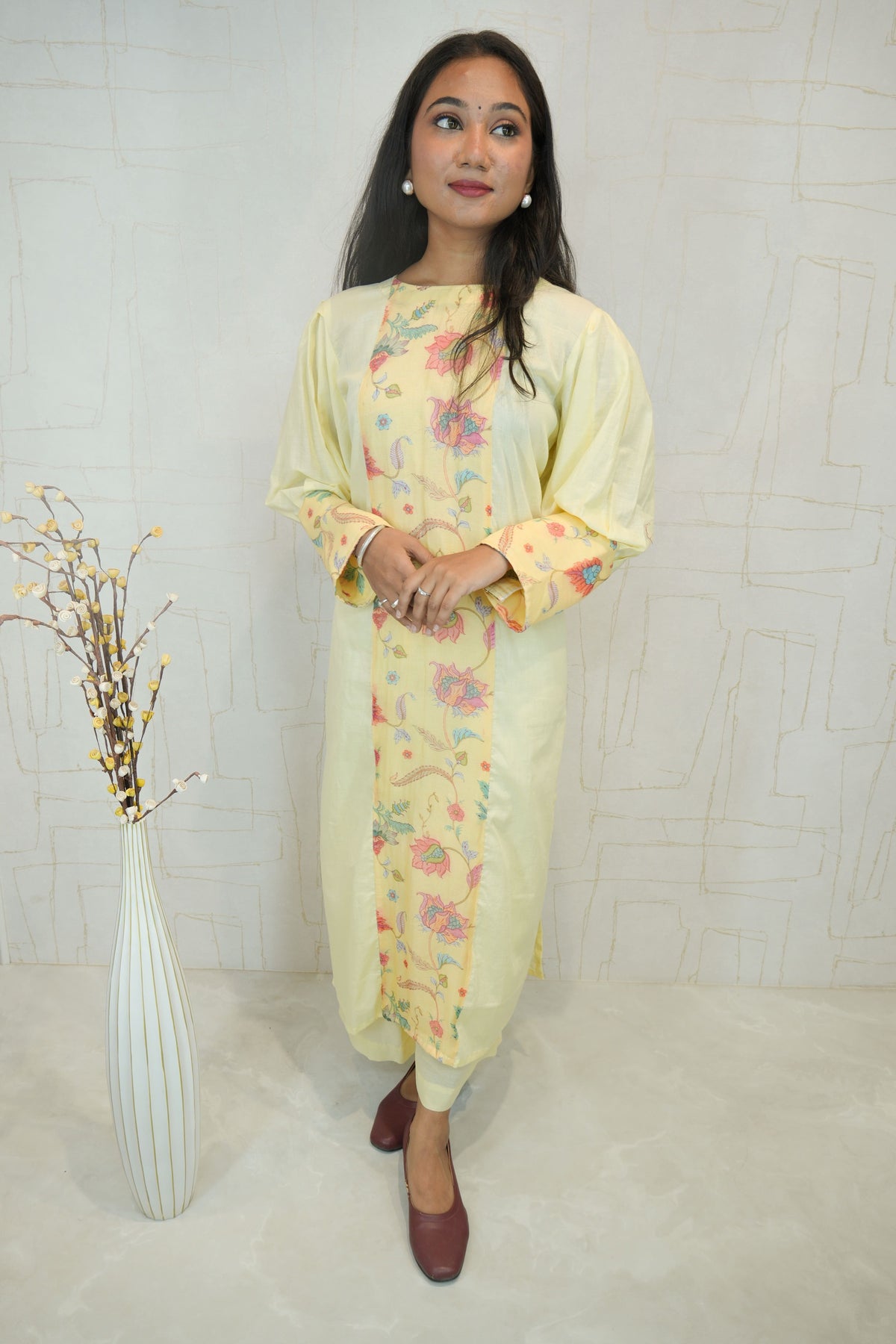 Yellow Straight Kurti with Floral Embroidery