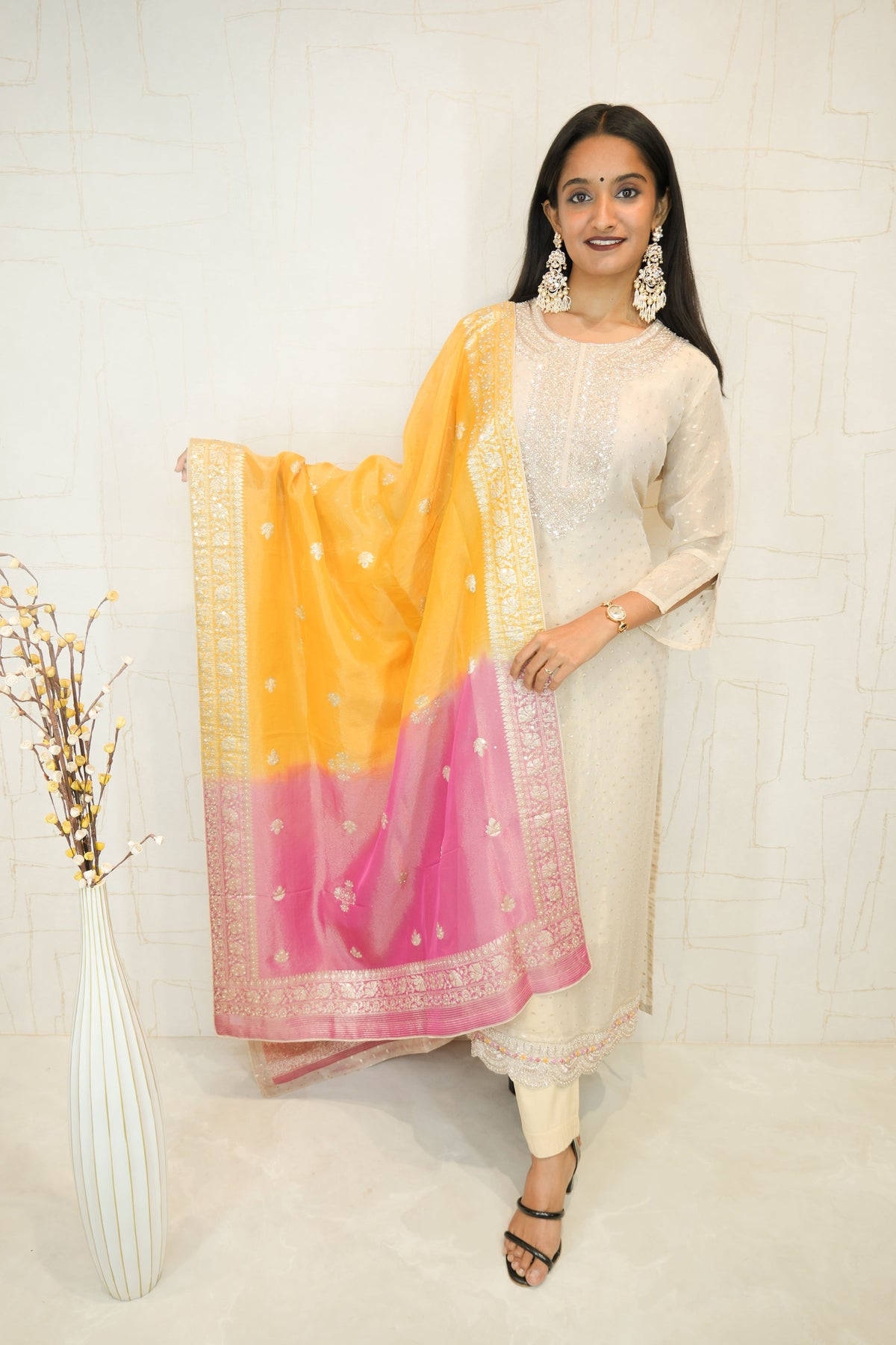 Cream Embroidered Kurta Set with Yellow-Pink Banarasi Dupatta