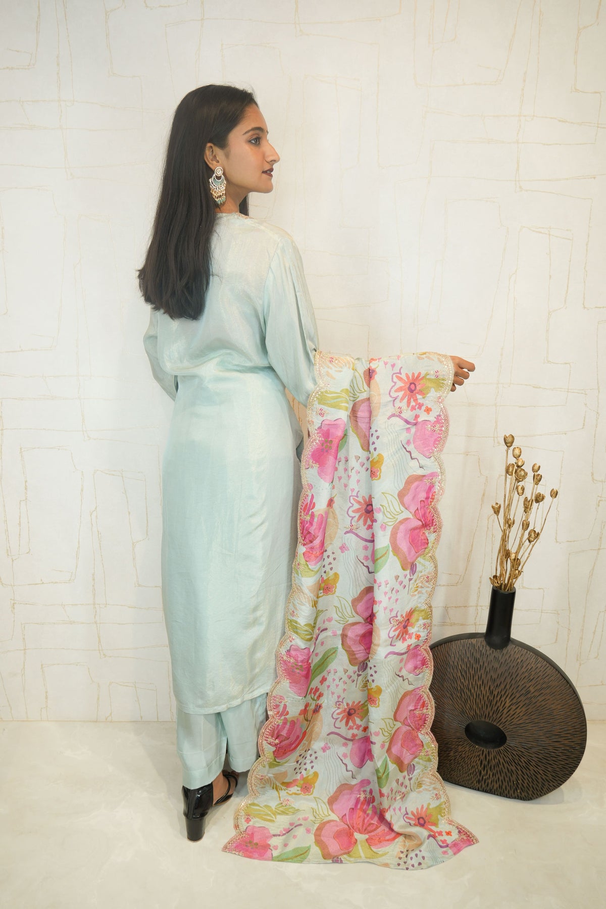 Sky Blue Kurta Set with Floral Dupatta