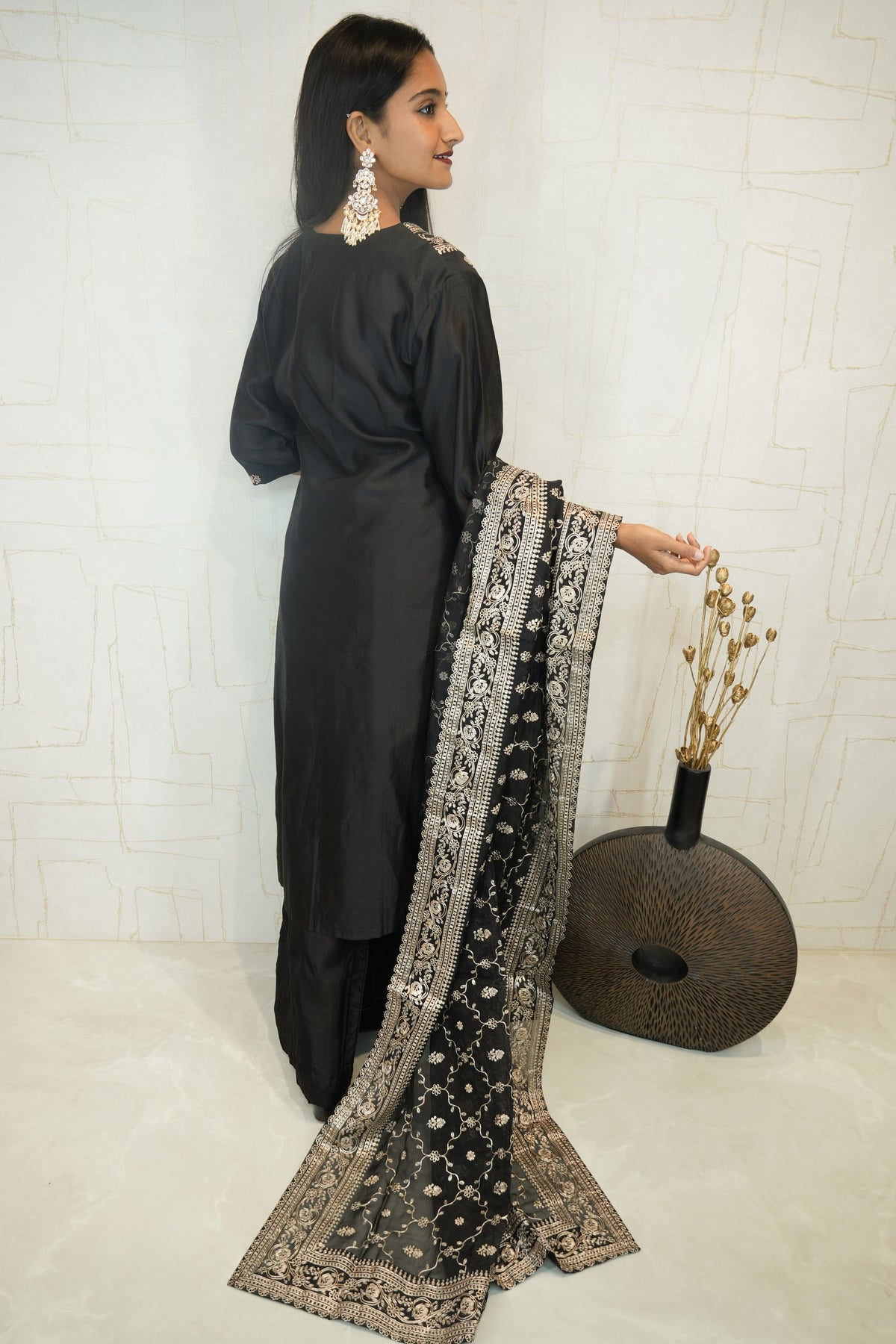 Midnight Black Embroidered Kurta Set with Dupatta