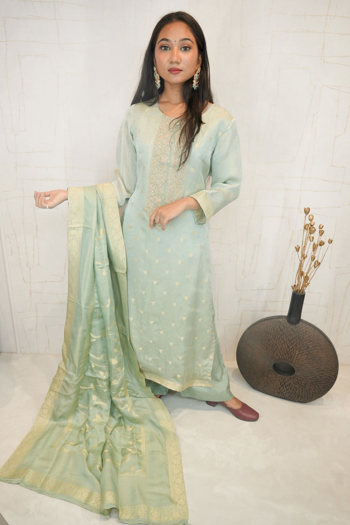 Pastel Green Straight Kurta Set with Woven Dupatta