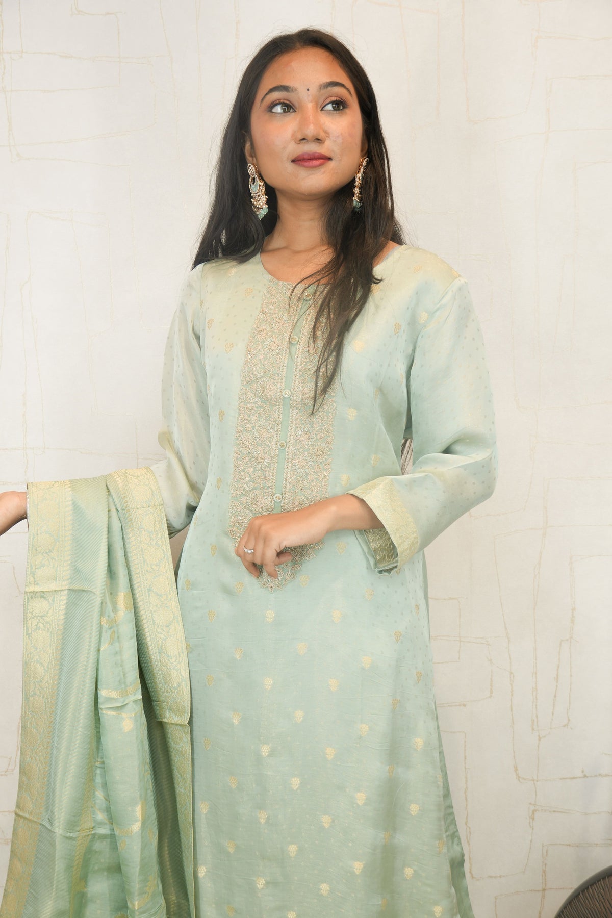 Pastel Green Straight Kurta Set with Woven Dupatta