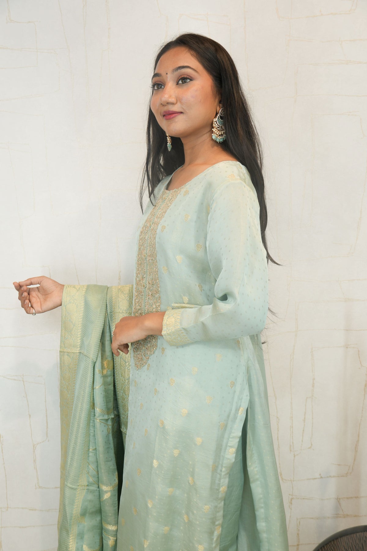 Pastel Green Straight Kurta Set with Woven Dupatta