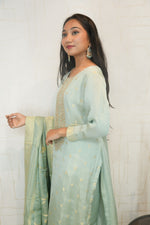 Pastel Green Straight Kurta Set with Woven Dupatta