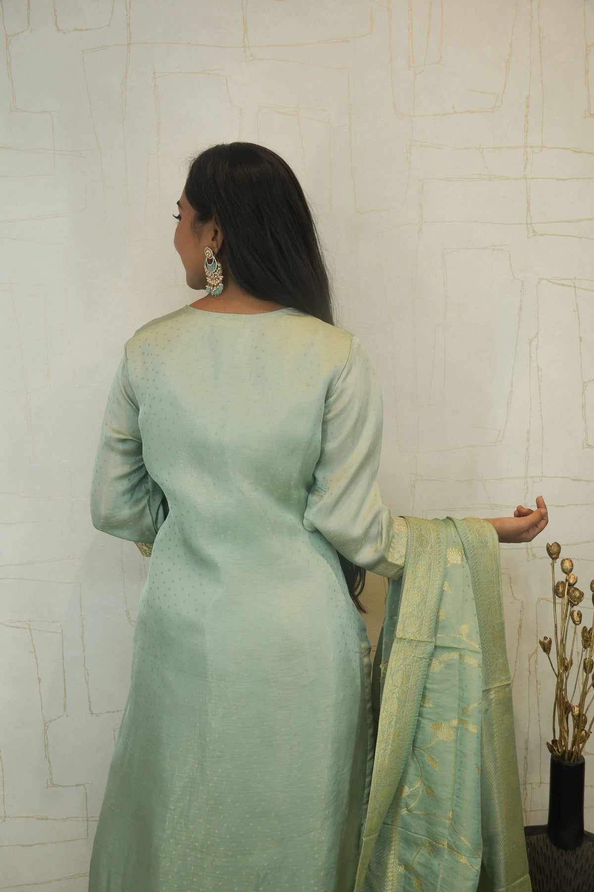 Pastel Green Straight Kurta Set with Woven Dupatta