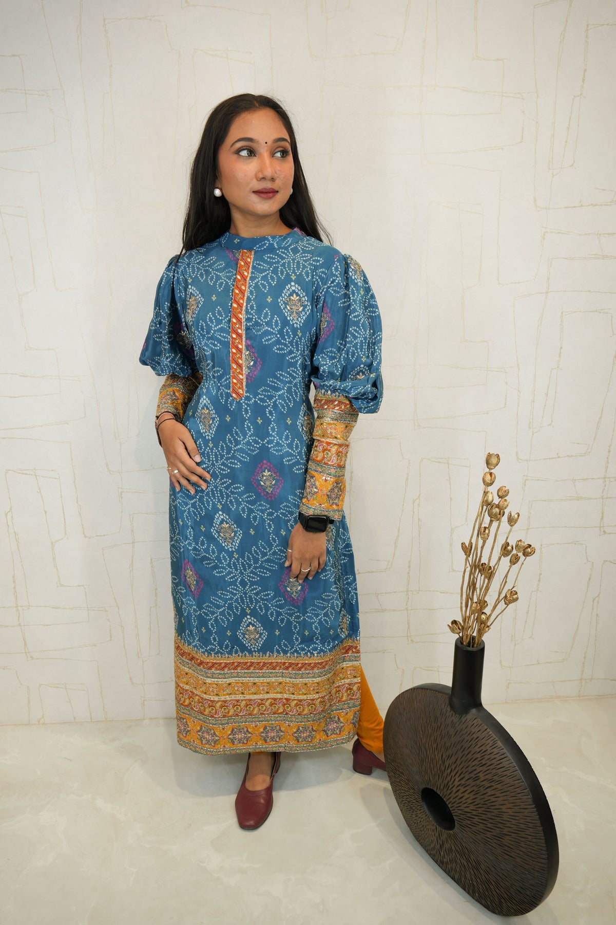 Embroidered Straight Cut Bandhani Kurti with Intricate Traditional Detailing