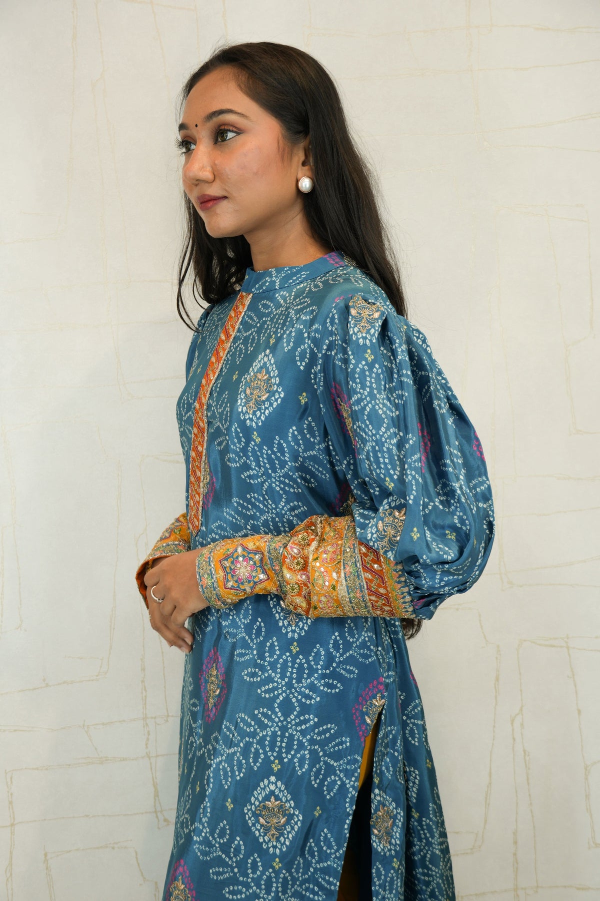 Embroidered Straight Cut Bandhani Kurti with Intricate Traditional Detailing