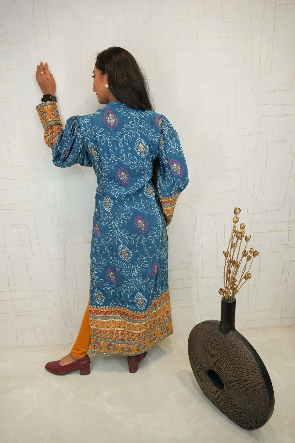 Embroidered Straight Cut Bandhani Kurti with Intricate Traditional Detailing