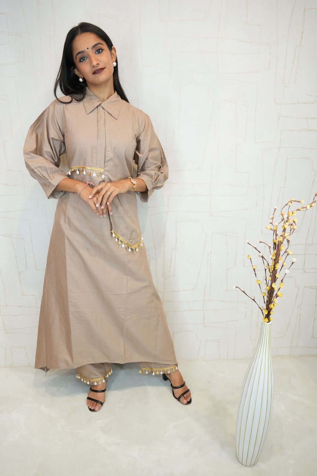 Champagne Gold Kurta Set with Beaded Tassel Detail