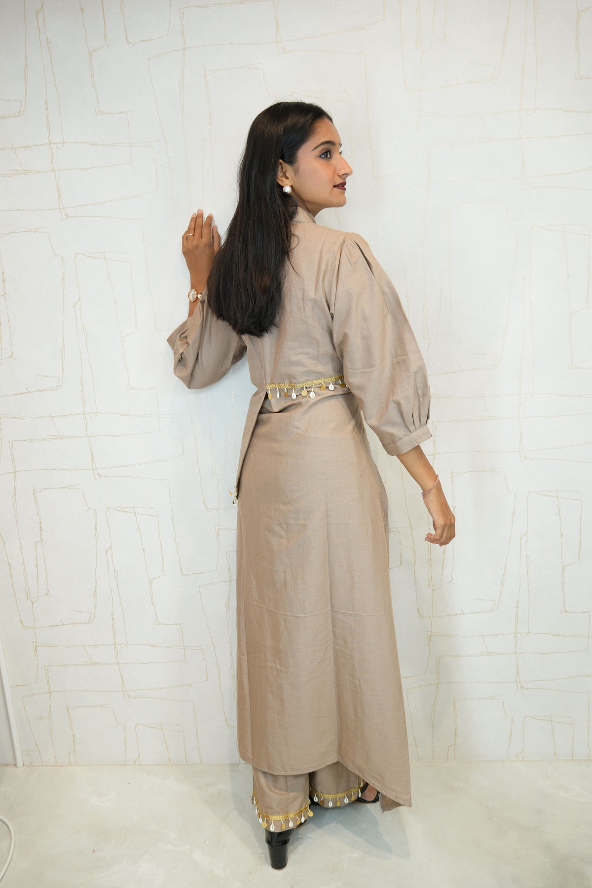 Champagne Gold Kurta Set with Beaded Tassel Detail