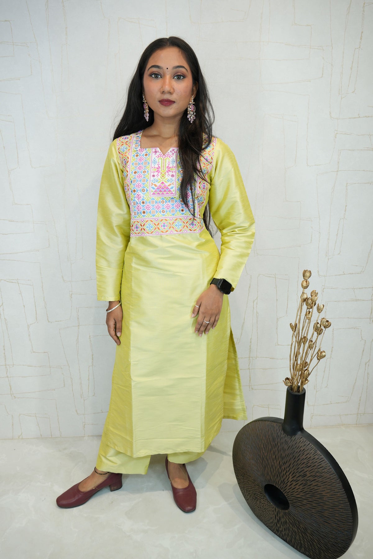 Pastel Yellow Handcrafted Sufee Embroidered Kurti Pant Set