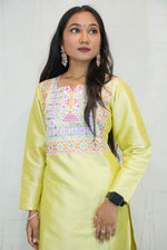 Pastel Yellow Handcrafted Sufee Embroidered Kurti Pant Set