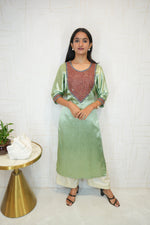 Women Embroidered Cotton Silk Straight Kurta(Light Green)