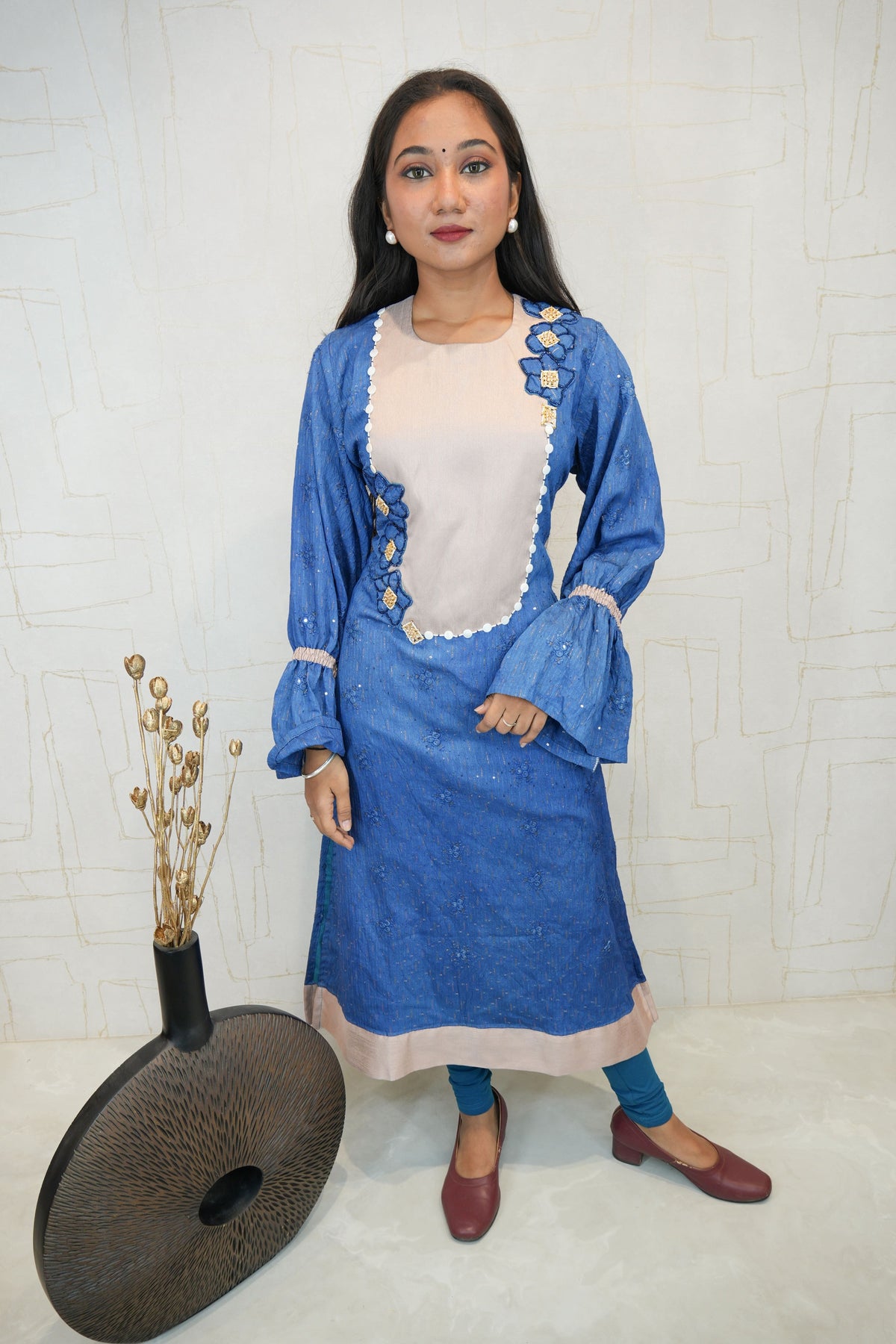 Royal Blue & Beige Embellished Kurti