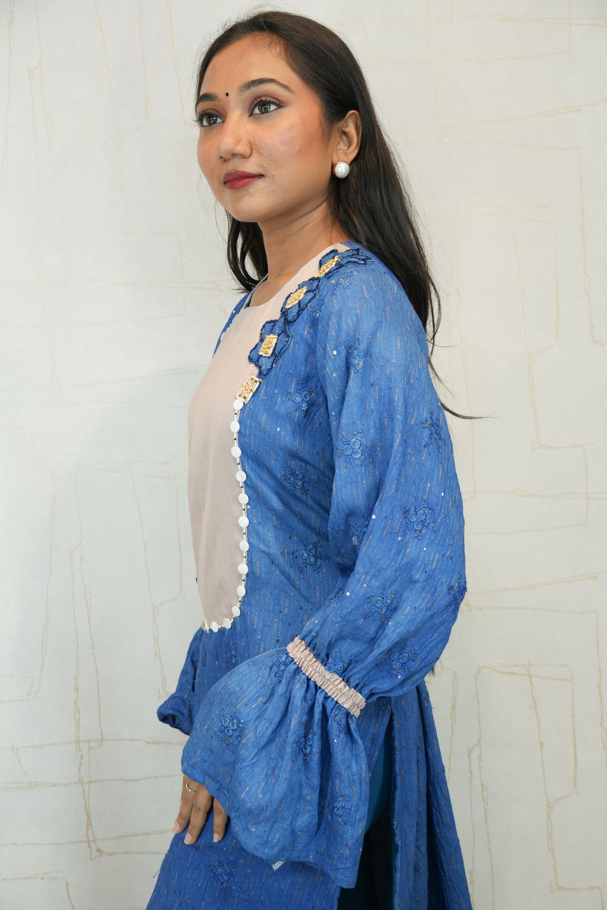Royal Blue & Beige Embellished Kurti