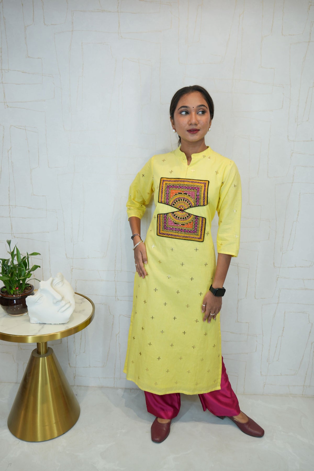 Women Embroidered Pure Cotton Straight Kurta(Yellow)
