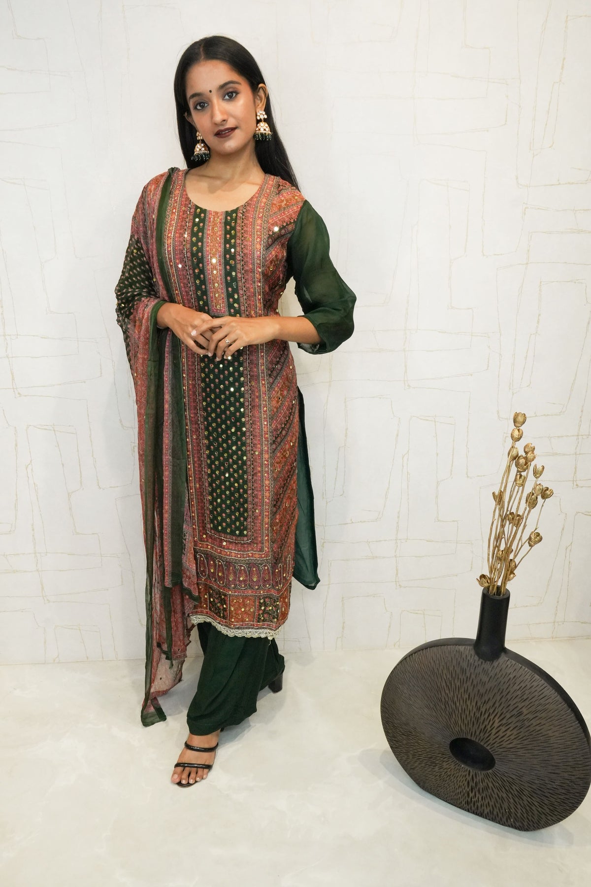 Traditional Embroidered Kurta Set (Black, Green, Mustard)