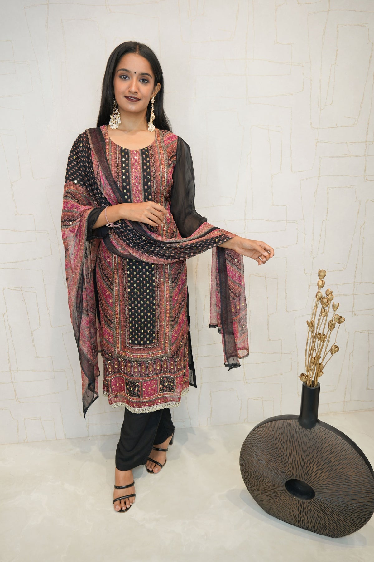 Traditional Embroidered Kurta Set (Black, Green, Mustard)