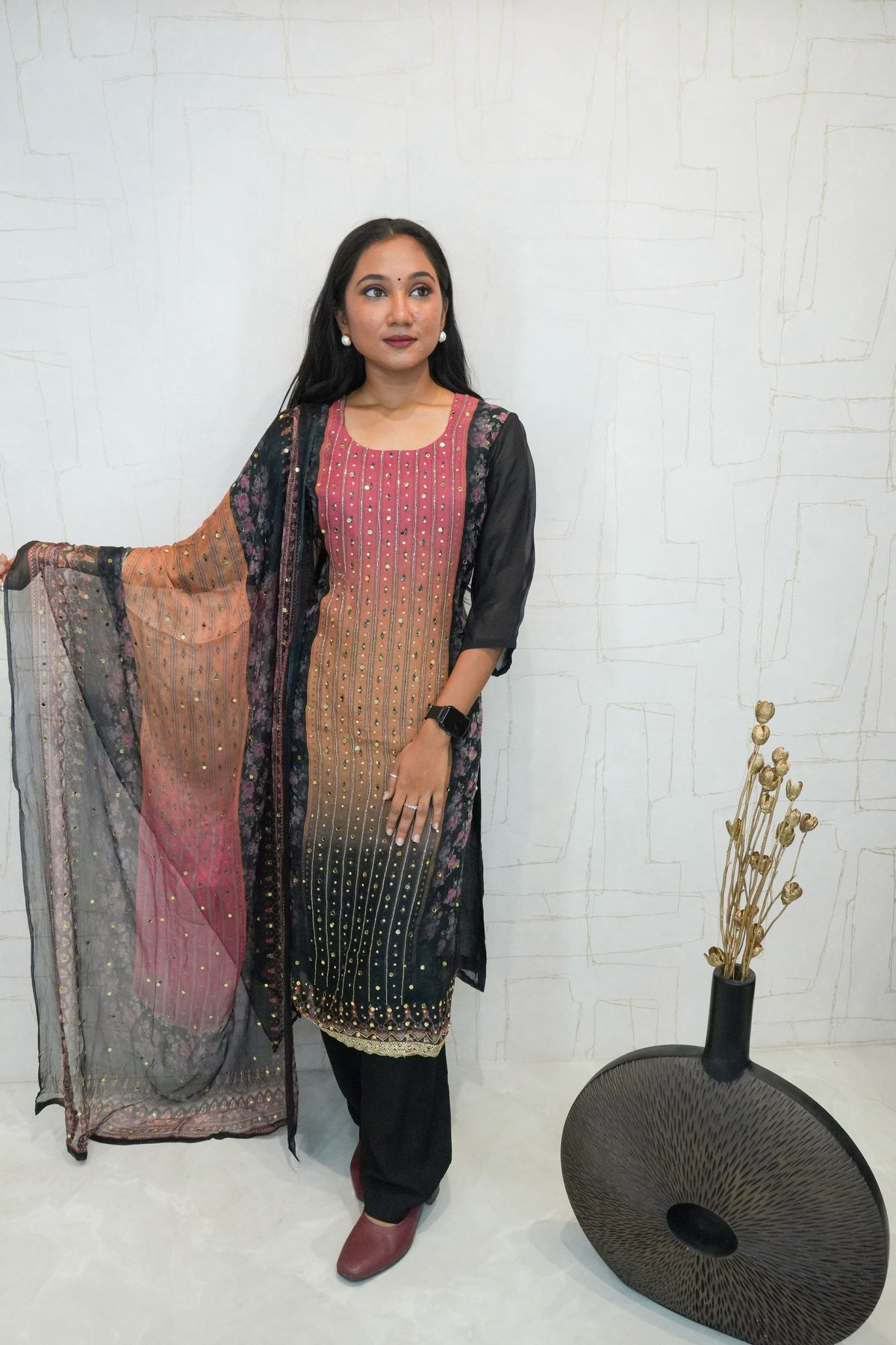 Traditional Embroidered Kurta Set (Pink, Black)