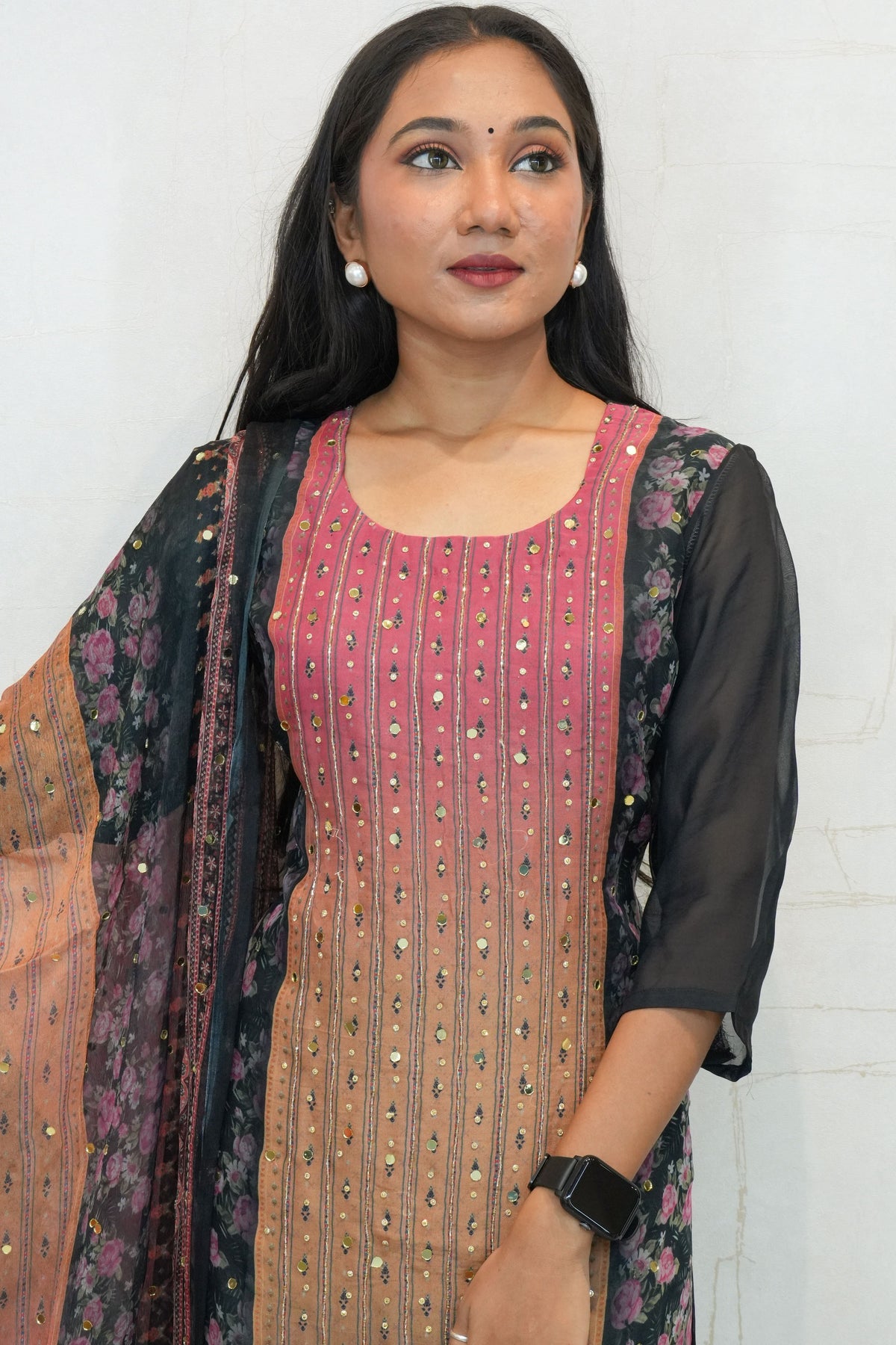 Traditional Embroidered Kurta Set (Pink, Black)