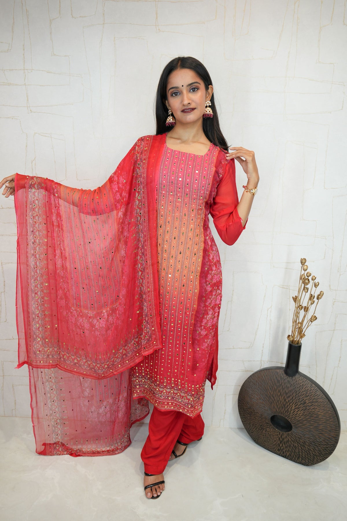 Traditional Embroidered Kurta Set (Pink, Black)