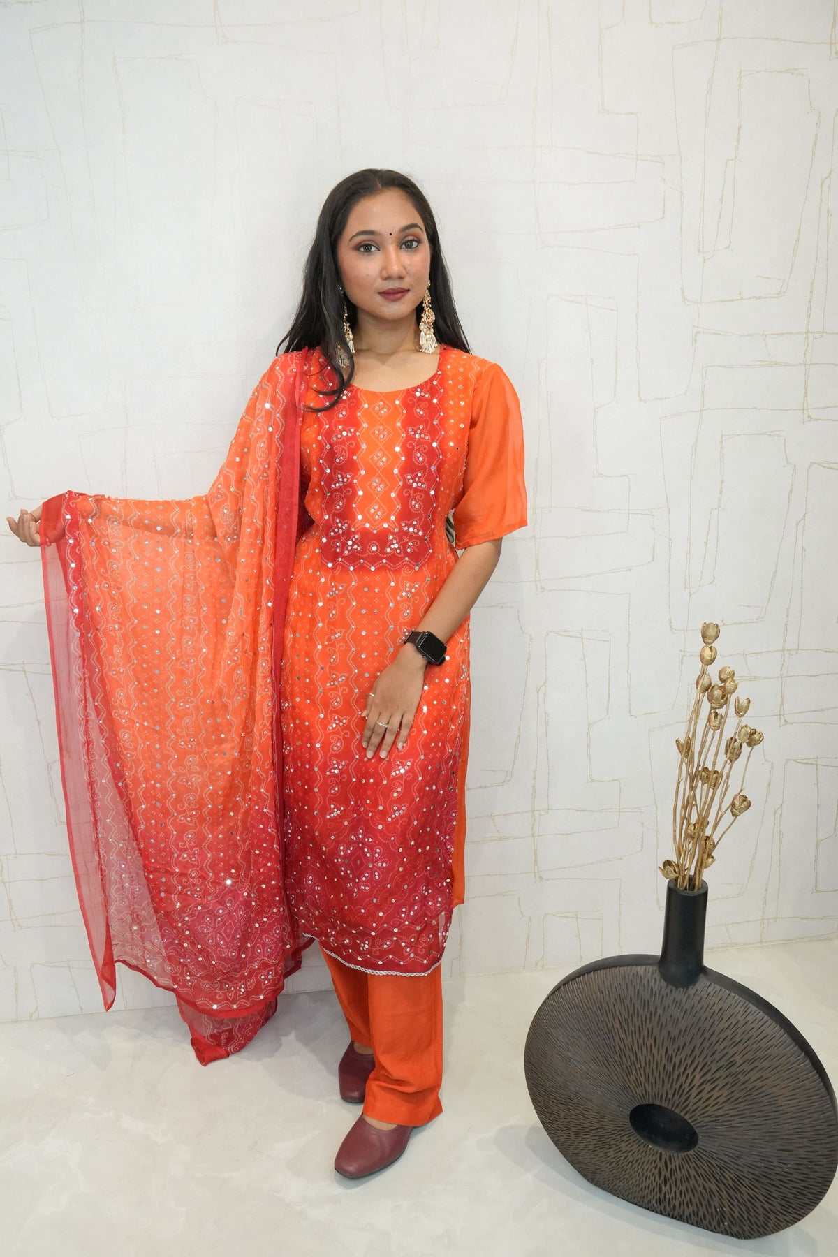 Traditional Embroidered Kurta Set (Orange)