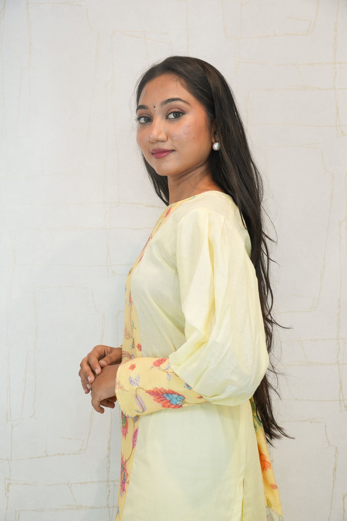 Yellow Straight Kurti with Floral Embroidery