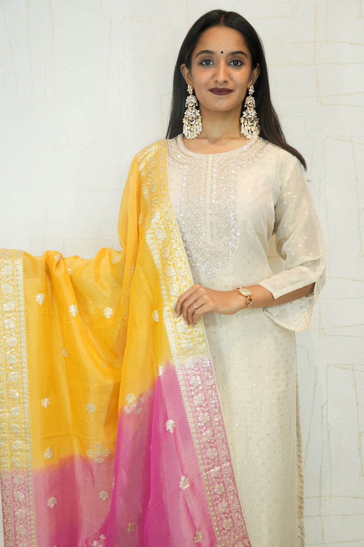 Cream Embroidered Kurta Set with Yellow-Pink Banarasi Dupatta
