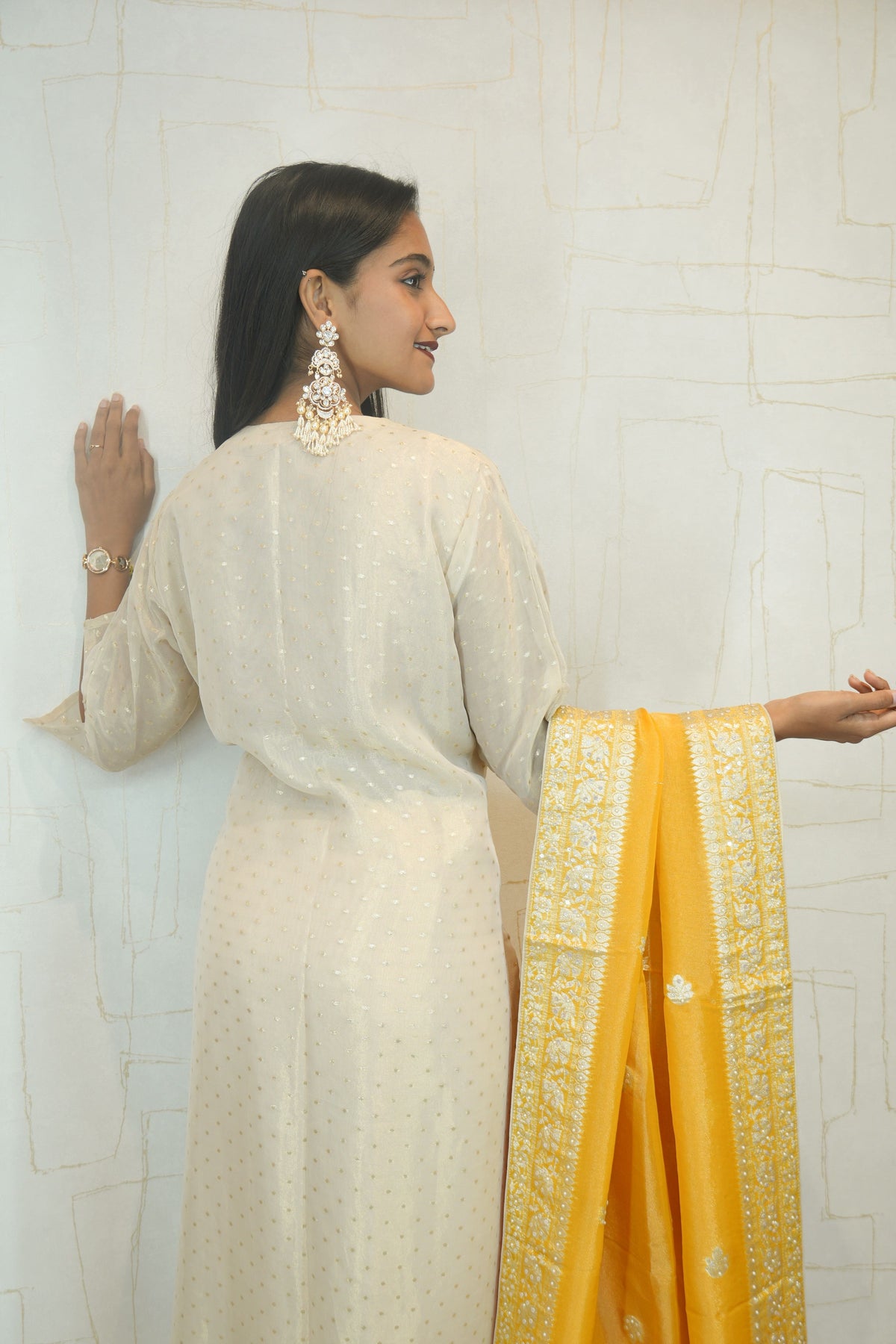 Cream Embroidered Kurta Set with Yellow-Pink Banarasi Dupatta