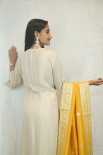 Cream Embroidered Kurta Set with Yellow-Pink Banarasi Dupatta